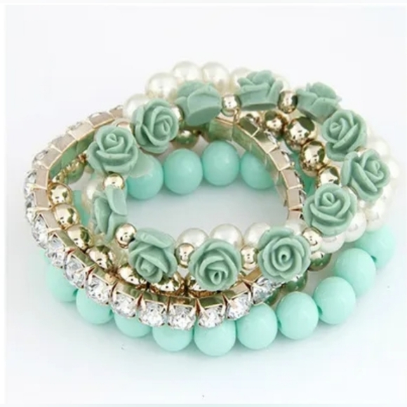 Five-piece gold-plated Crystal Teal Pearl stacked flower bracelets BOGO - Picture 5 of 15